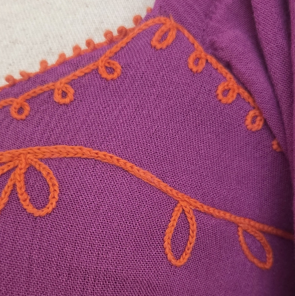 Free People Mauve Embroidered Boho Mini Dress Puff Sleeve Empire Waist XS - Picture 8 of 10